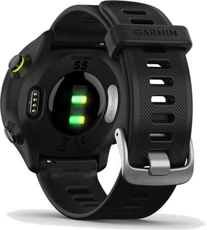 Czarny zegarek Garmin, widok z tyłu, z zielonymi światłami czujnika tętna i czarnym paskiem.