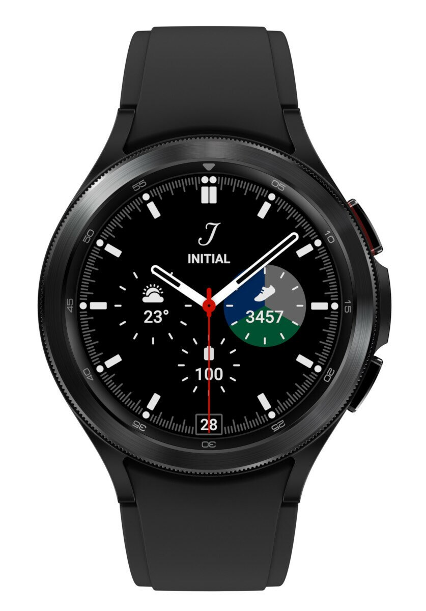 Czarny smartwatch z czarną tarczą pokazującą 23 stopnie, 3457 kroków.