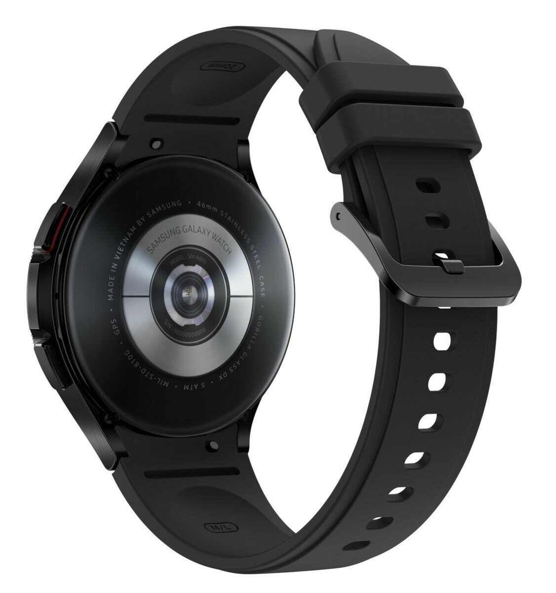 Czarny smartwatch Samsung Galaxy z czarnym paskiem, tył ze stali nierdzewnej.