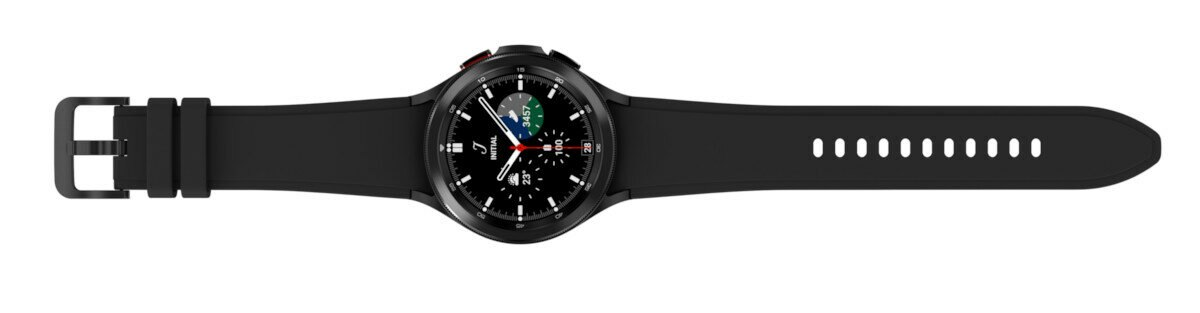 Czarny smartwatch z czarnym paskiem i cyfrową tarczą.