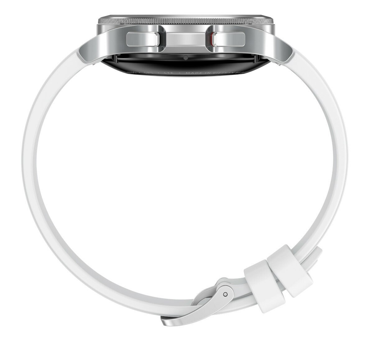 Zbliżenie na smartwatch z białym paskiem na białym tle.