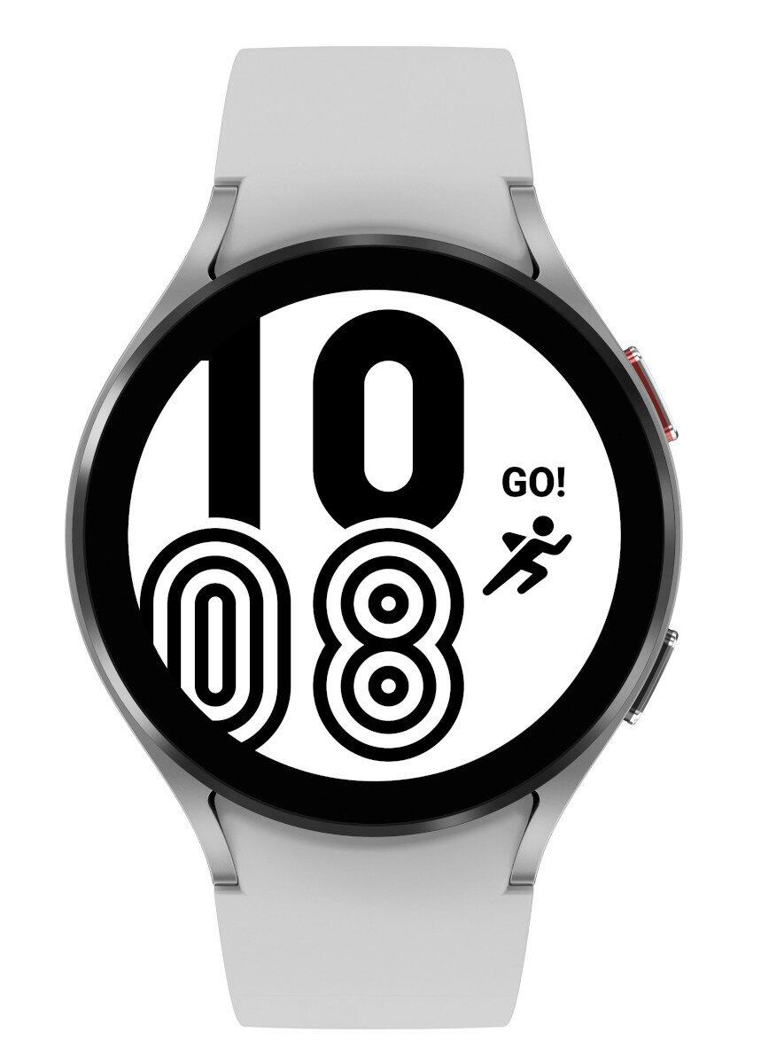Szara inteligentna zegarek z wyświetlaczem 10:08 GO! i ikoną biegacza.
