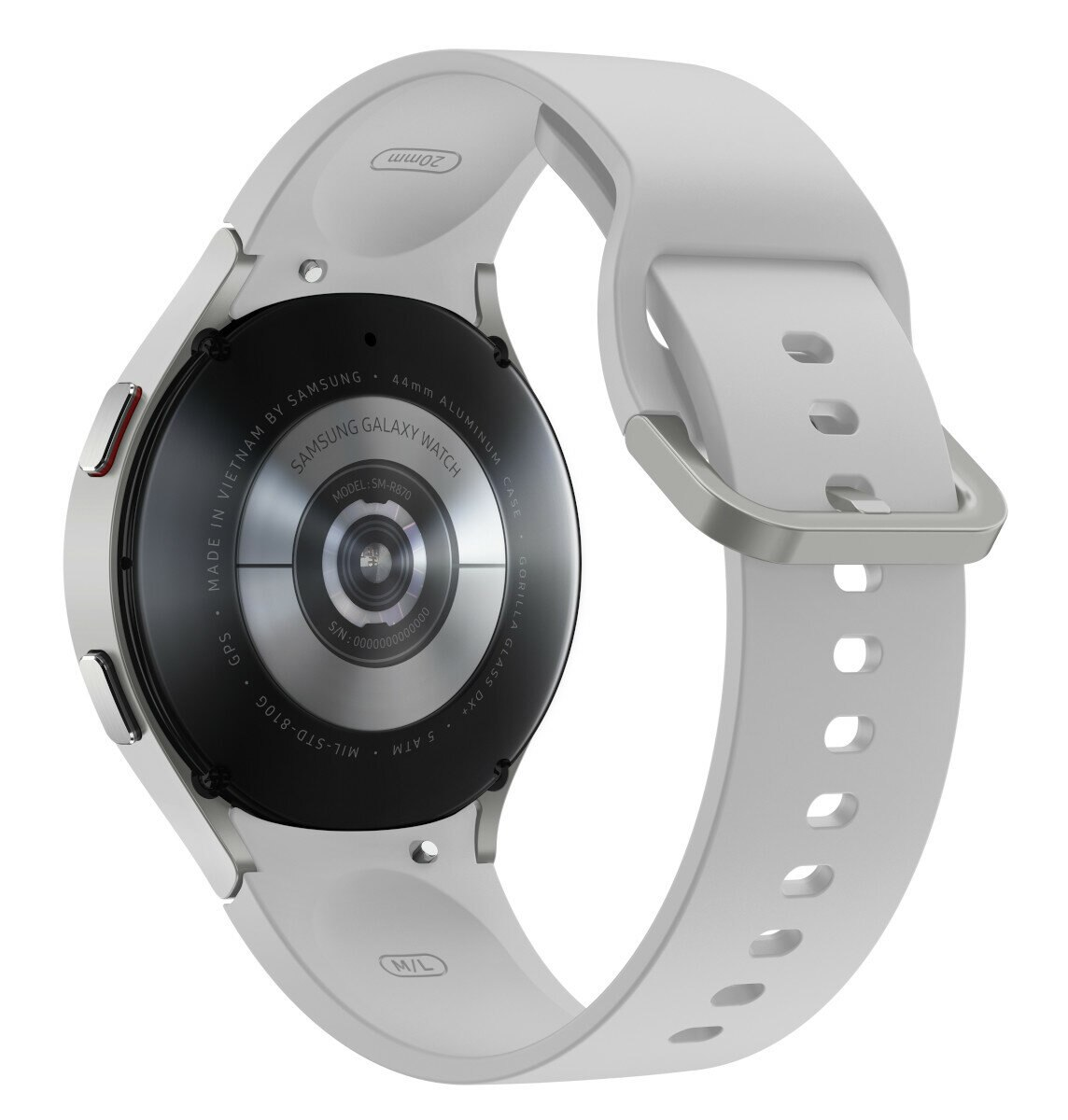 Biały smartwatch ze srebrną bransoletą i czarną tarczą.