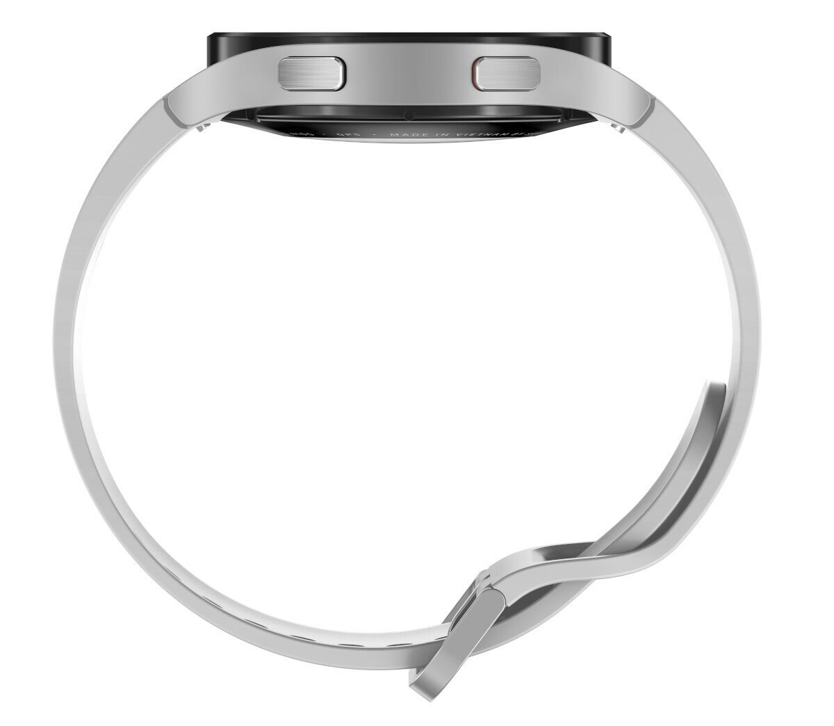 Srebrna opaska smartwatch z czarną obudową i srebrnymi przyciskami.