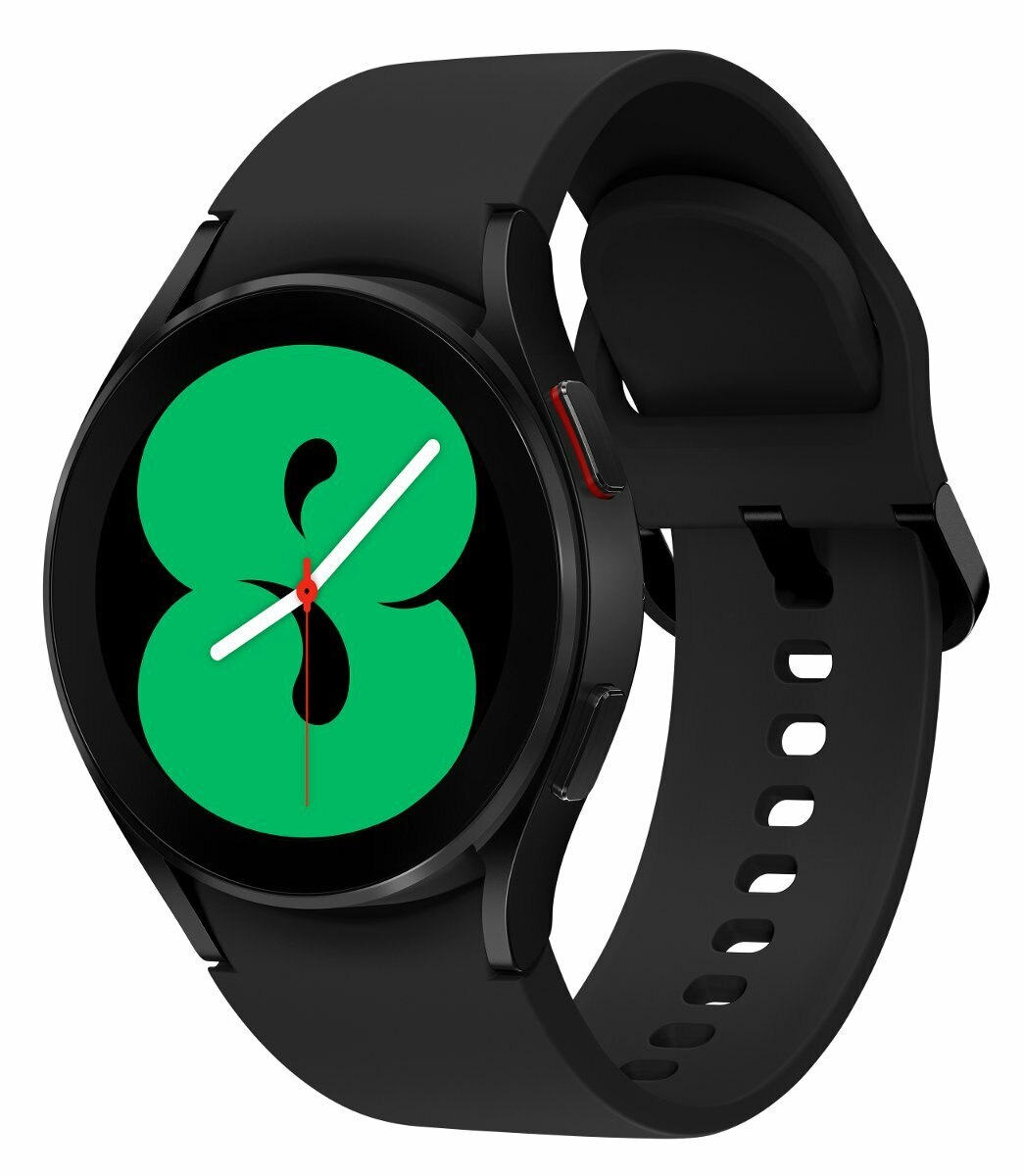 Czarny zegarek Samsung Galaxy Watch. Zielony wyświetlacz pokazuje zegar z cyfrą 8.