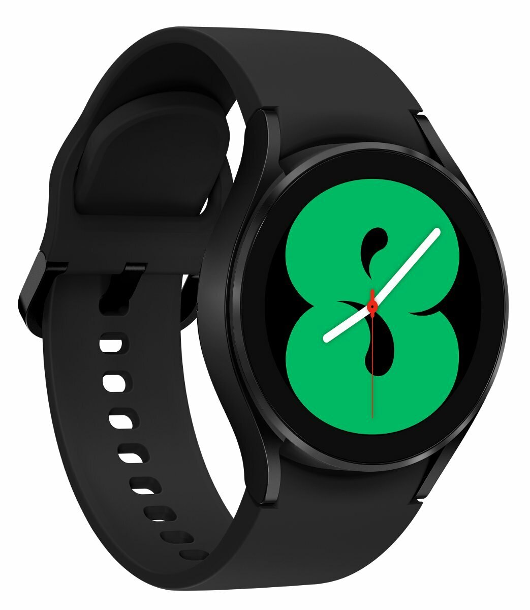 Czarny smartwatch z zielonym wyświetlaczem pokazującym cyfrę 8, czarny pasek.