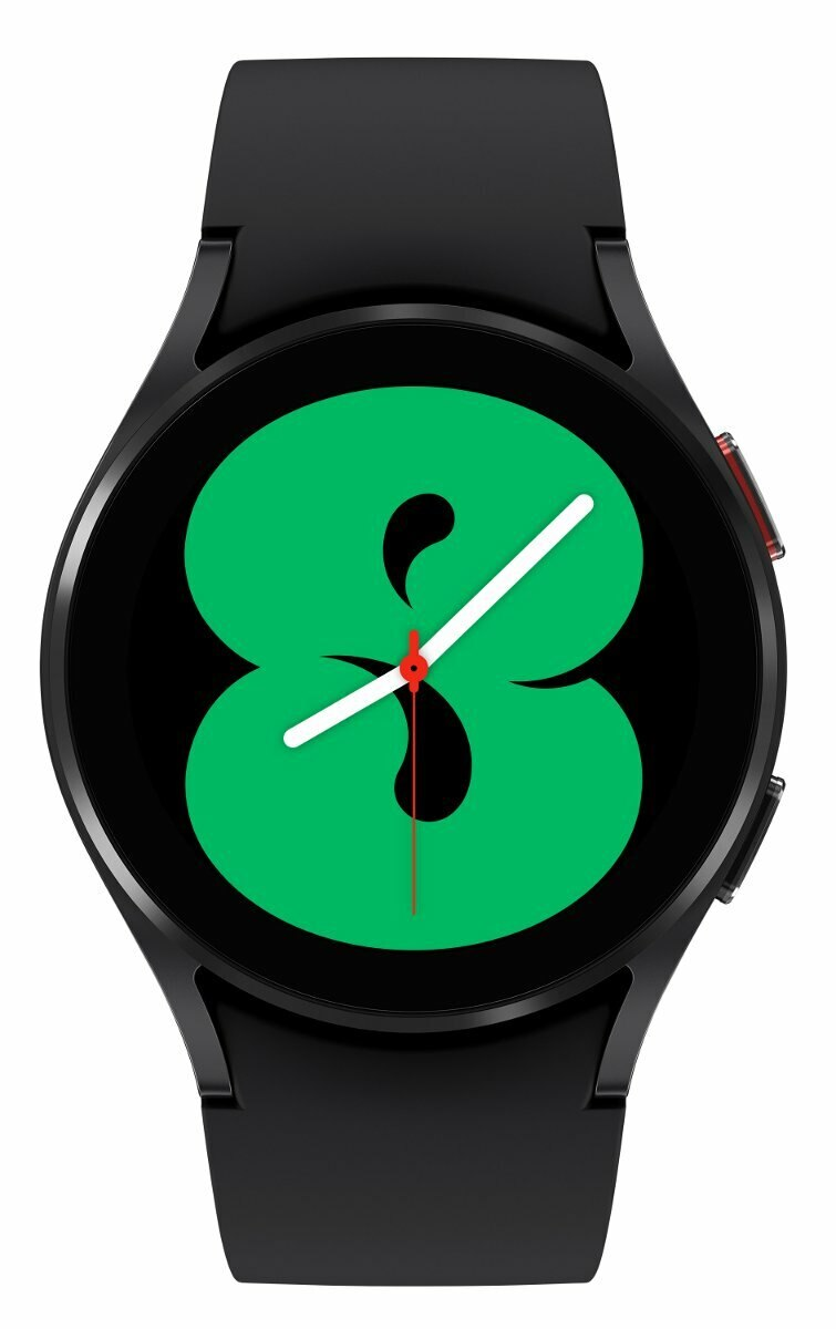 Czarny smartwatch z zielonym wyświetlaczem pokazującym dużą cyfrę 8 i czerwoną linię.