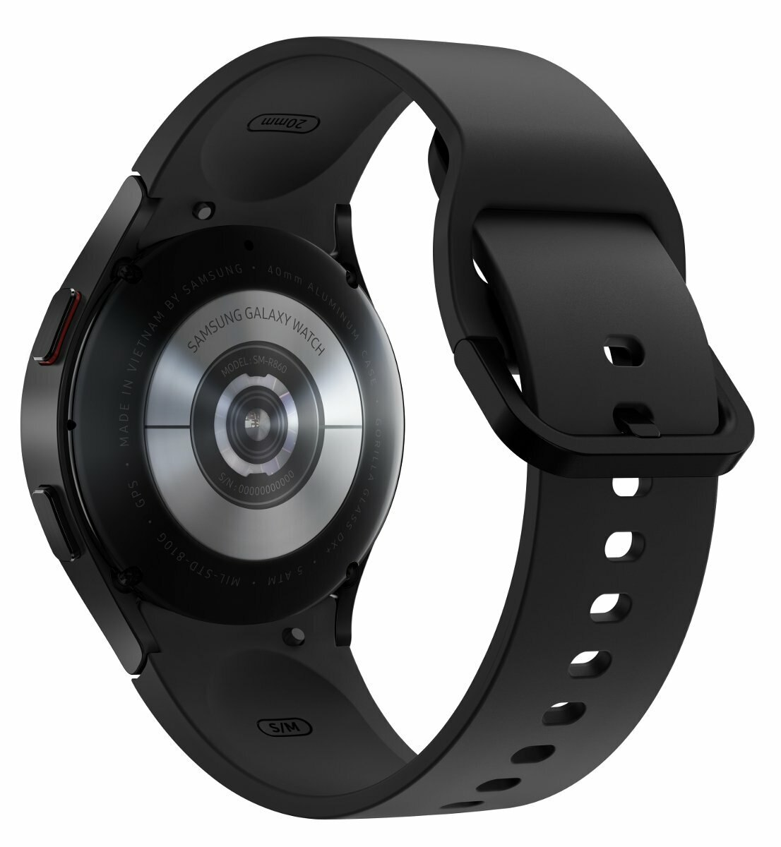 Tył czarnego zegarka Samsung Galaxy Watch z dołączonym paskiem, pokazujący czujnik i szczegóły modelu.