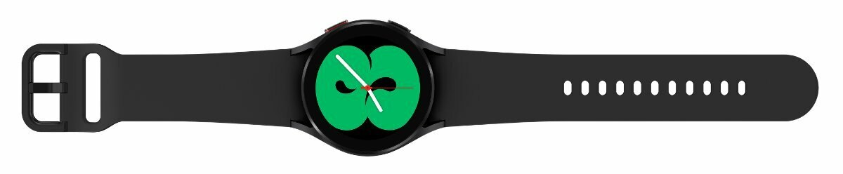 Widok z góry na czarny smartwatch z zielonym wyświetlaczem, pokazujący czarny pasek i klamrę.