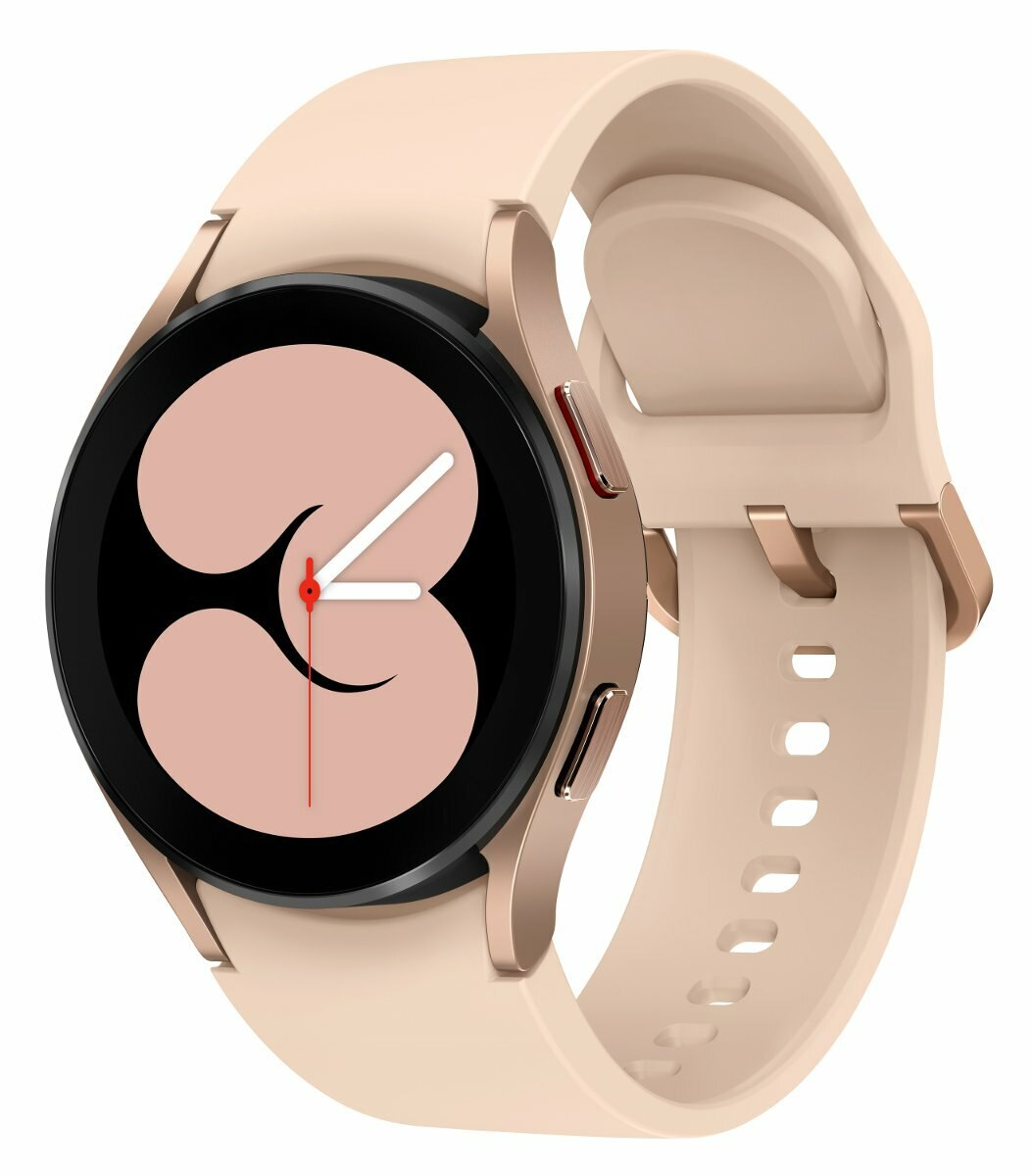 Zegarek smartwatch w kolorze różowego złota z różową tarczą i jasnobeżowym paskiem.