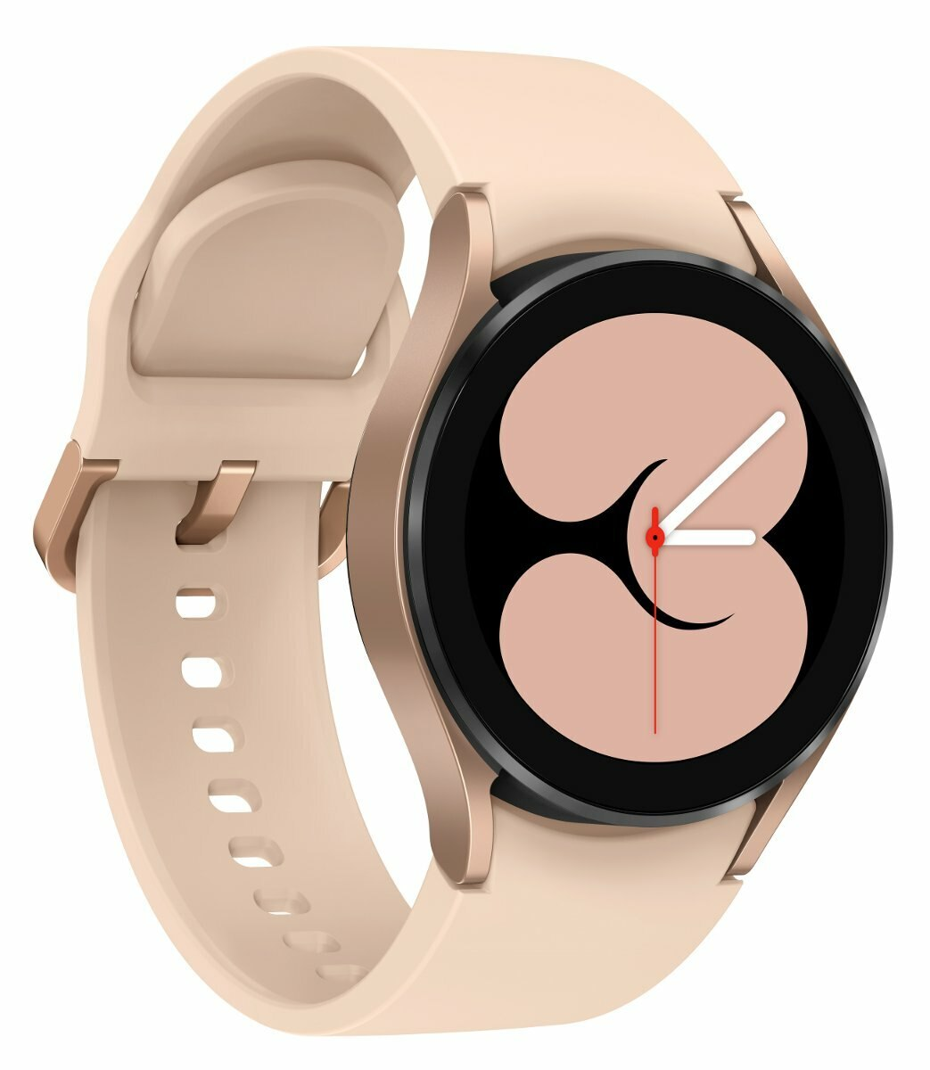 Złoty i różowy smartwatch. Tarcza zegarka pokazuje różowe koło z białymi wskazówkami.