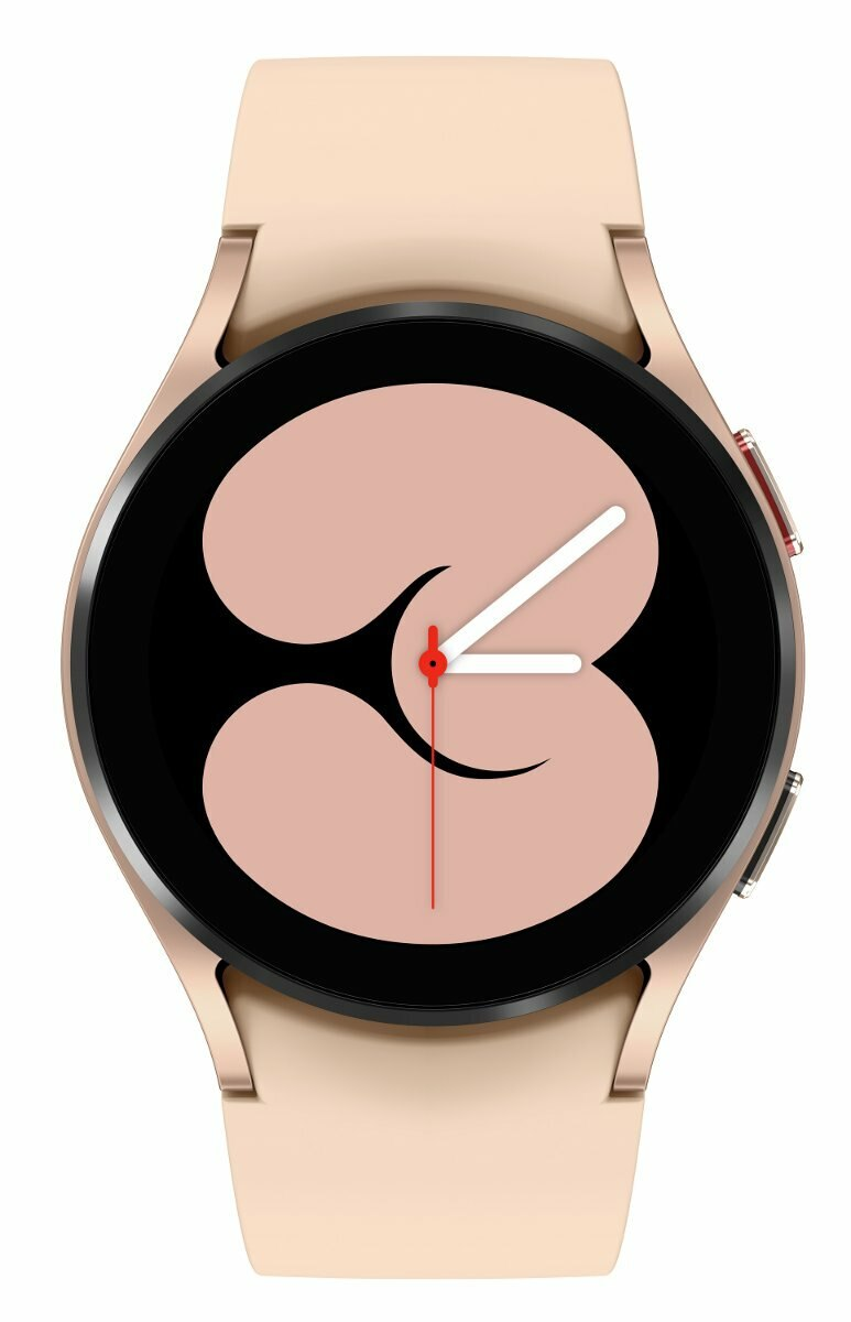 Zegarek smartwatch w kolorze różowego złota z czarnym ekranem i białą wskazówką.