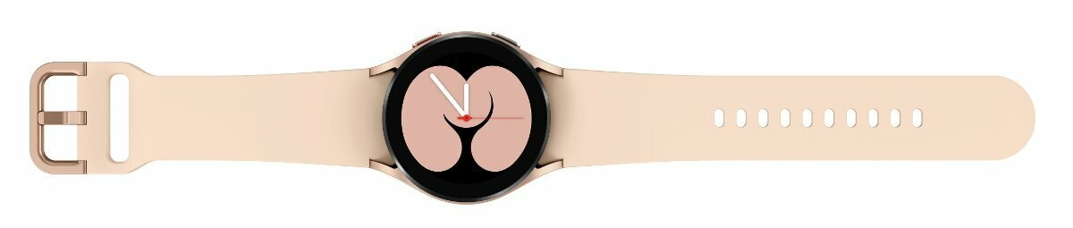 Zegarek smartwatch w kolorze różowego złota z jasnoróżowym paskiem, leżący poziomo na białej powierzchni.