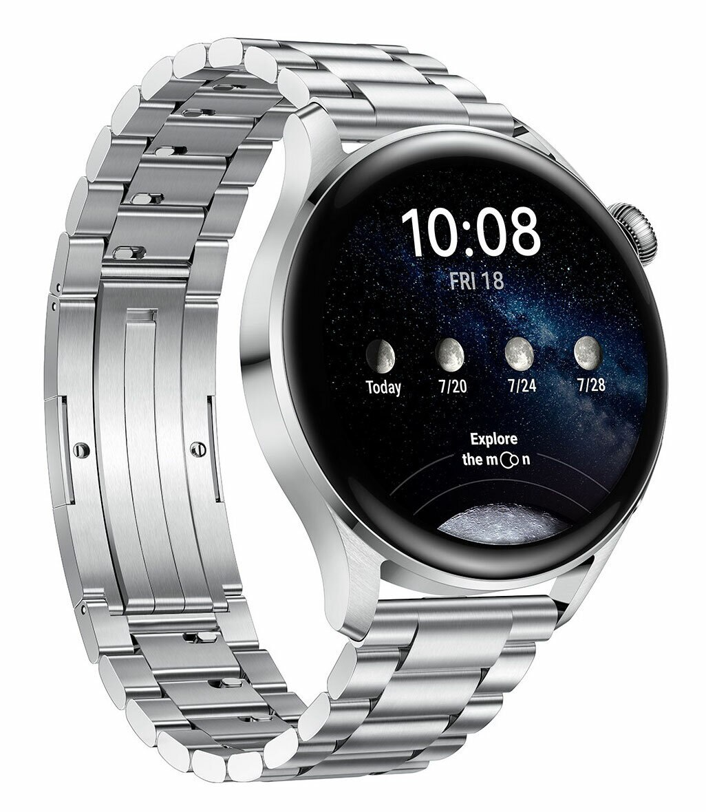 Srebrny smartwatch z metalową bransoletą i wyświetlaczem faz księżyca.