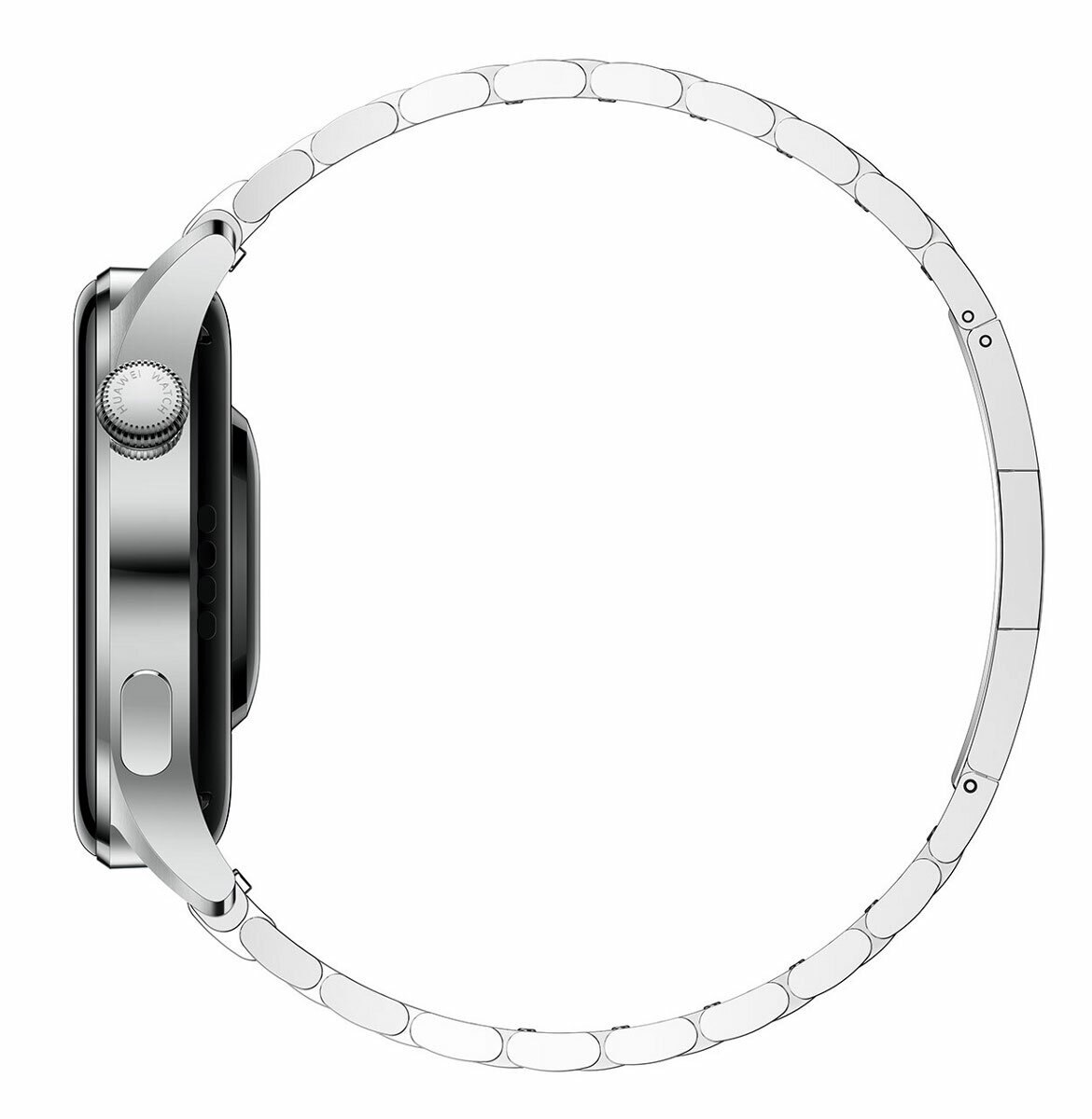 Srebrny smartwatch z metalową bransoletą na białym tle.