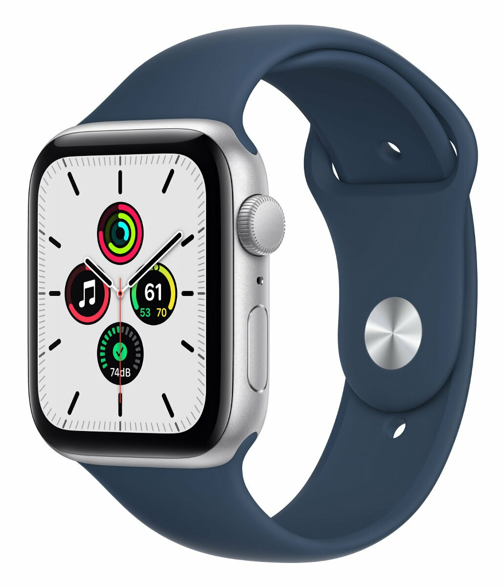 SmartWatch APPLE Watch SE GPS Koperta 44 mm z aluminium w kolorze srebrnym z paskiem sportowym w kolorze błękitnej toni MKQ43WB/A