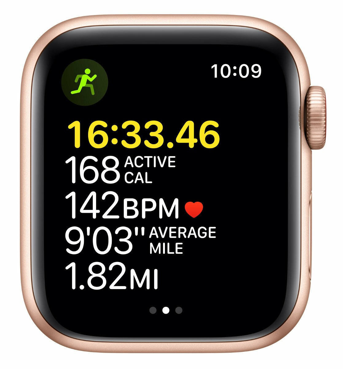 Smartwatch wyświetlający dane treningowe: czas, kalorie, tętno, mila i dystans.