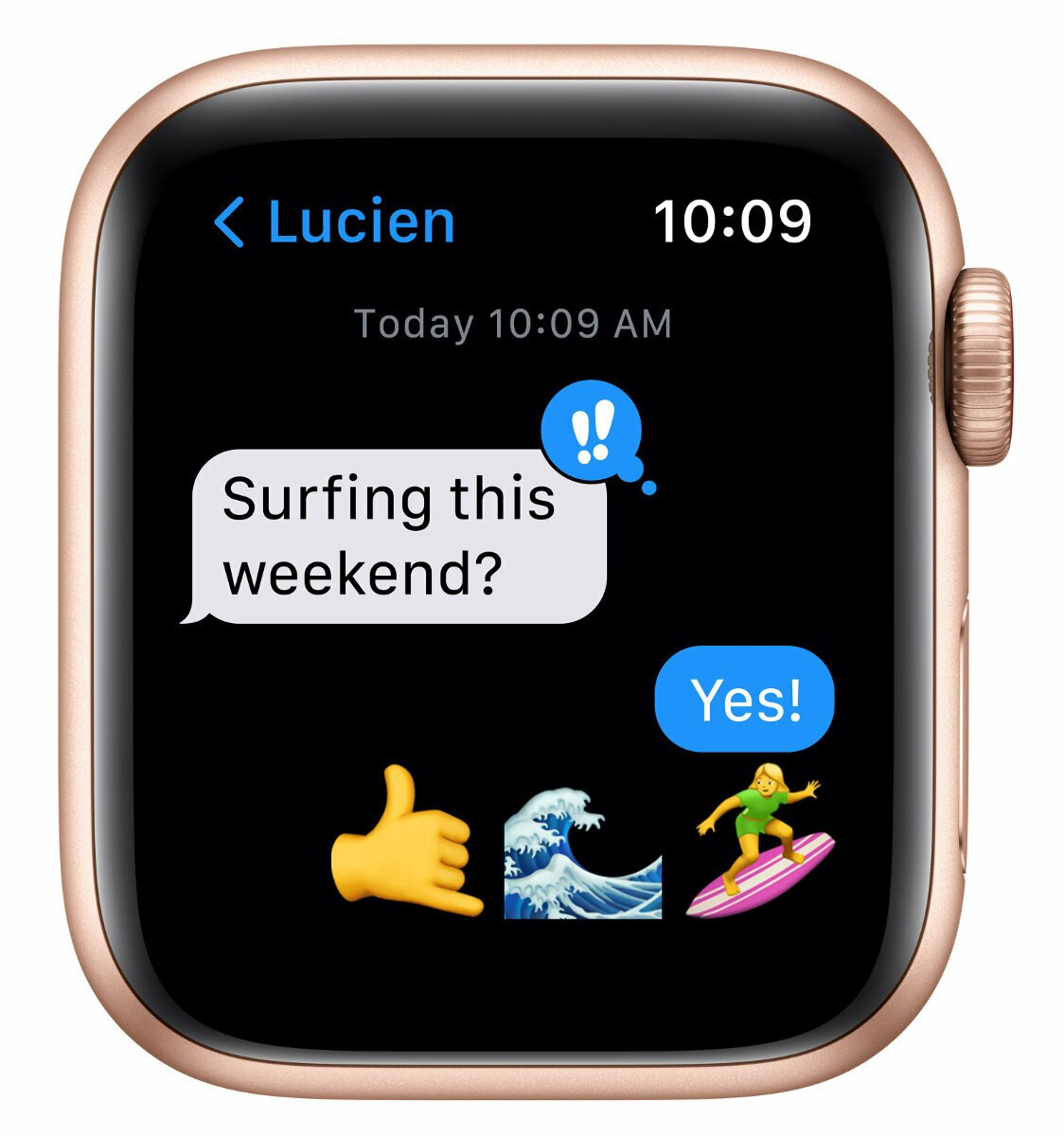 Apple Watch pokazuje wiadomość tekstową i emotikony. Zegarek jest w kolorze złotym.