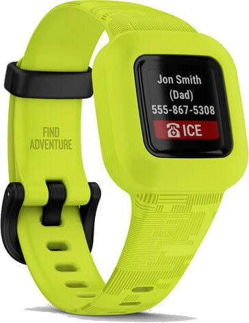 Limonkowy smartwatch wyświetlający informacje kontaktowe, w tym "ICE" i numer telefonu.