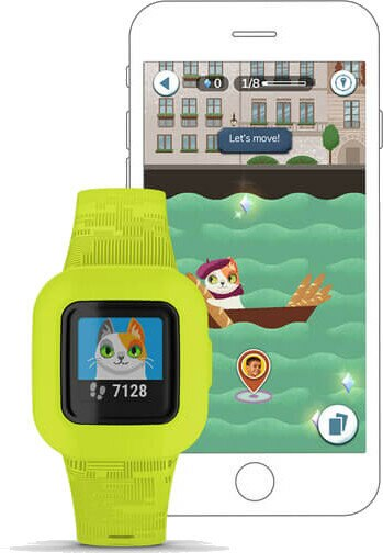 Żółty smartwatch z wizerunkiem kota na ekranie i smartfon z ekranem aplikacji.