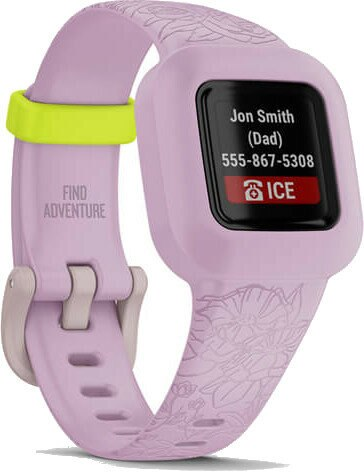 Różowy smartwatch Garmin wyświetla imię i nazwisko kontaktu oraz numer z ikoną alarmową ICE.