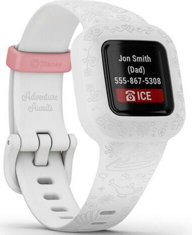 Biały smartwatch Disney z różowym akcentem. Wyświetla informacje kontaktowe: Jon Smith (Tata) 555-867-5308.