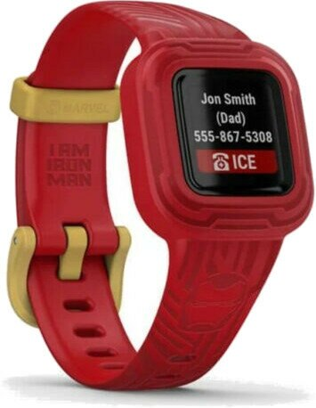 Czerwony smartwatch z motywem Iron Mana i żółtymi akcentami. Pokazuje kontakty.