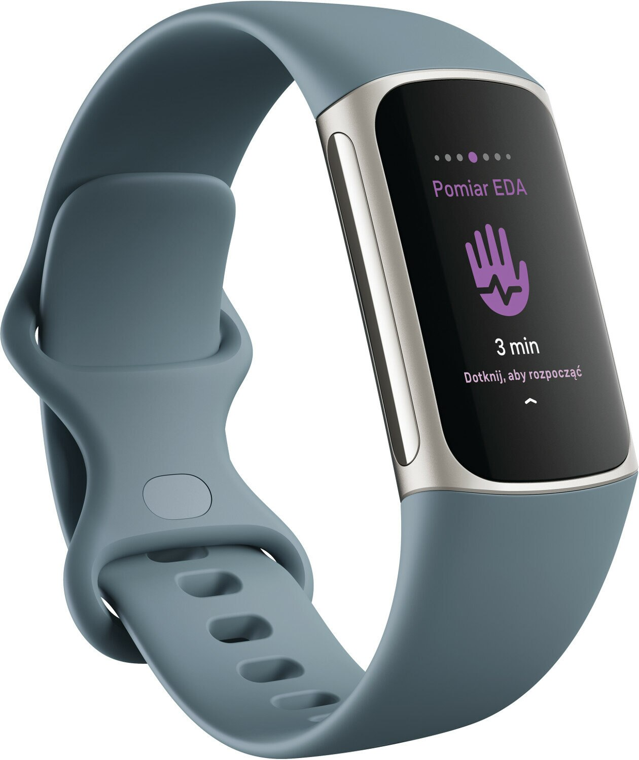 Szara opaska fitness z srebrną ramką i czarnym ekranem mierzącym EDA.