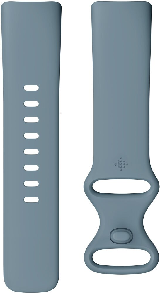 Dwie szaro-niebieskie opaski do trackerów fitness, jedna z nacięciami, druga z klamrą.