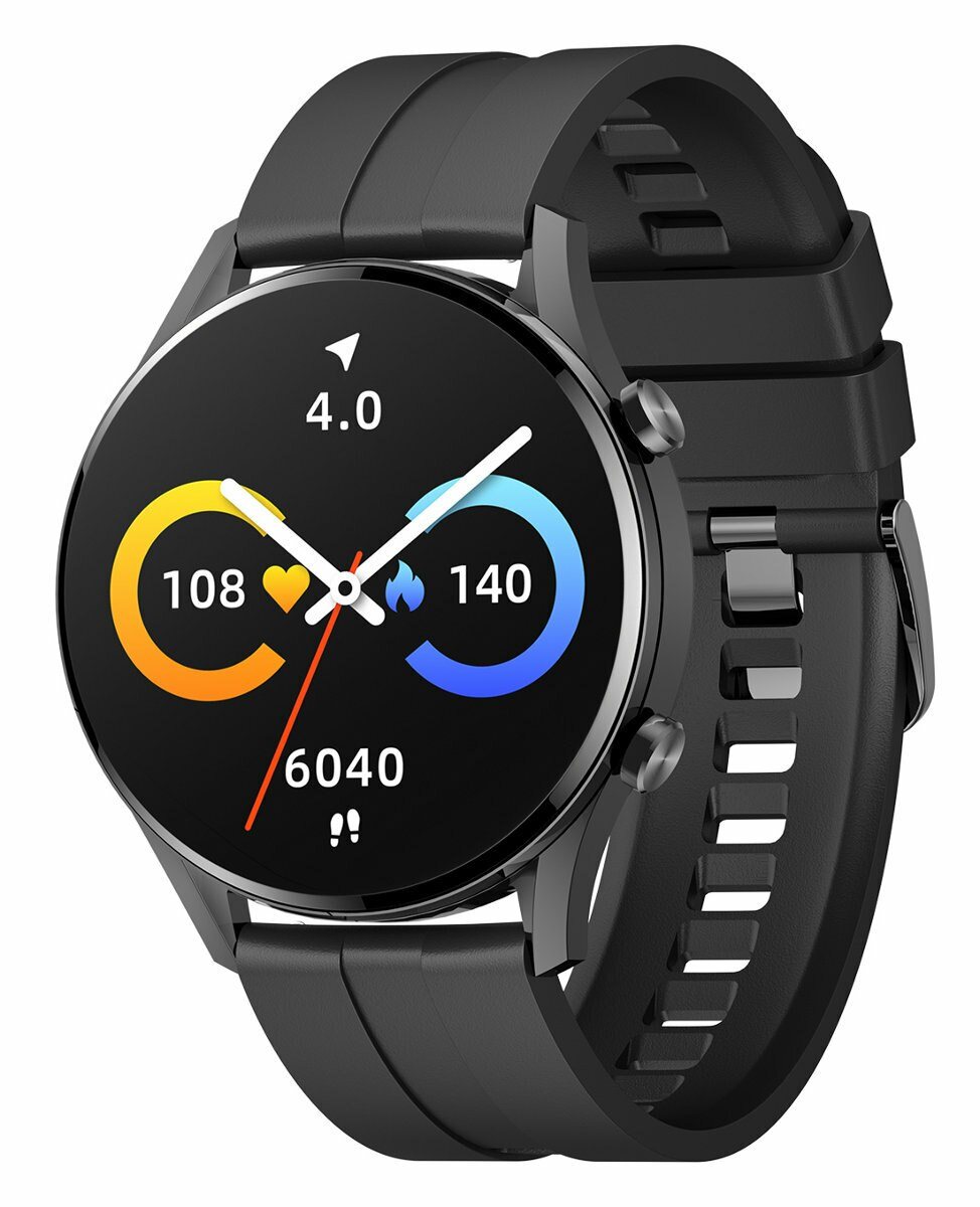 Czarny smartwatch z okrągłą tarczą wyświetlającą wskaźniki zdrowia, na białym tle.