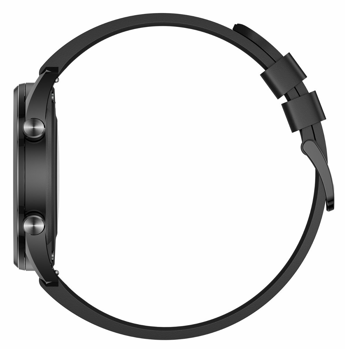 Czarny smartwatch z boku, z czarnym paskiem. Widoczna okrągła tarcza i przyciski.