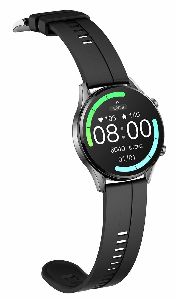 Czarny smartwatch wyświetla czas, kroki i wskaźniki zdrowia.