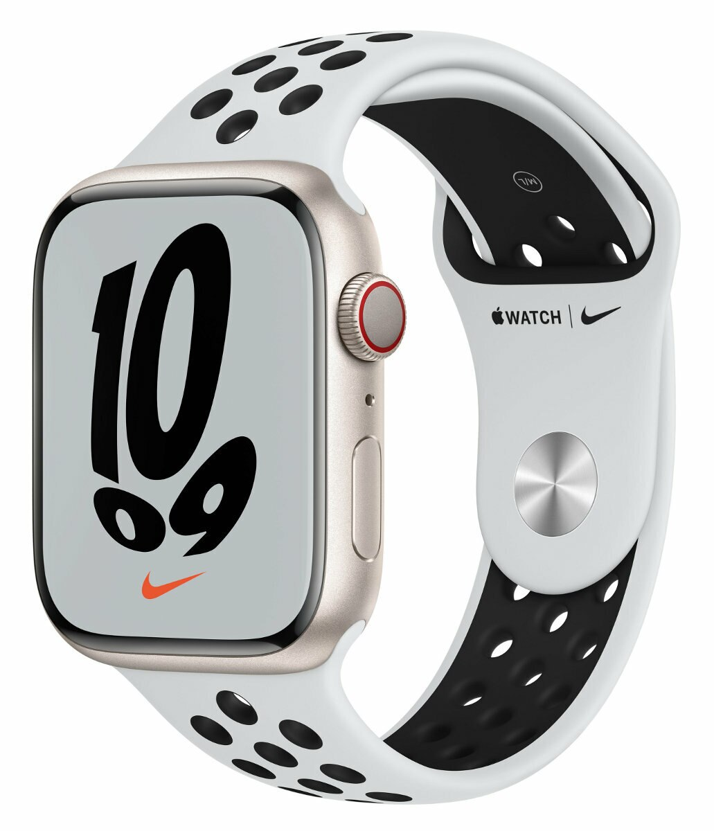 SmartWatch APPLE Watch Nike Series 7 GPS + Cellular Koperta 45 mm z aluminium w kolorze księżycowej poświaty z paskiem sportowym Nike w kolorze cz