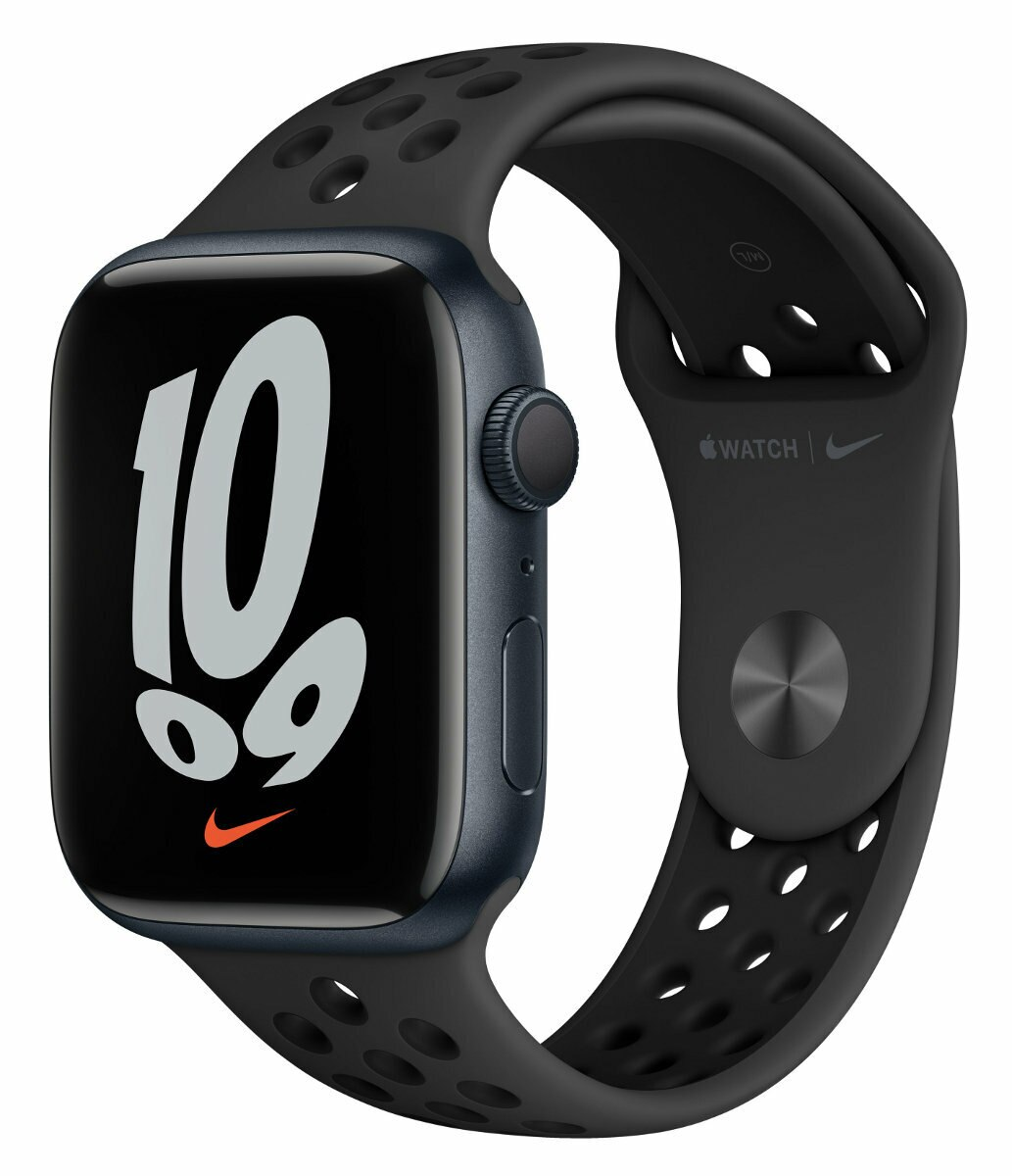 SmartWatch APPLE Watch Nike Series 7 GPS Koperta 45 mm z aluminium w kolorze północy z paskiem sportowym Nike w kolorze antracytu/czarnym MKNC3WB/A
