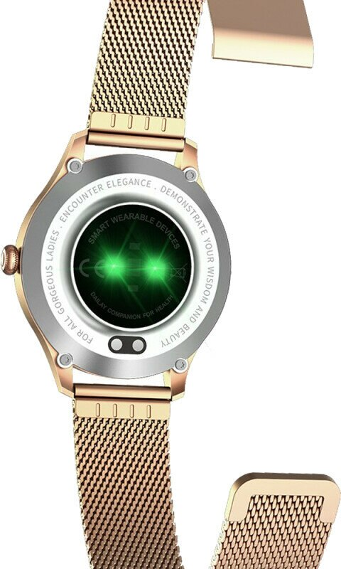 Smartwatch w kolorze różowego złota z paskiem z siatki. Tył pokazuje czujniki i nazwę marki.