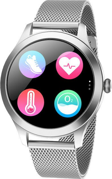 Srebrny smartwatch z czarnym ekranem wyświetlającym ikony śledzenia aktywności.