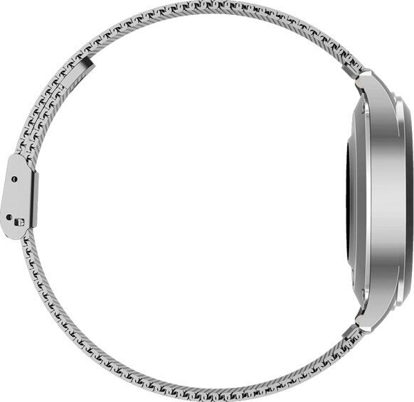 Srebrny smartwatch z siatkowym paskiem, widziany z boku, pokazujący pasek i tarczę zegarka.