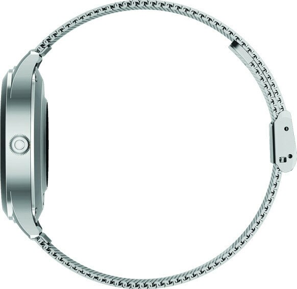Srebrny smartwatch z metalowym paskiem. Zegarek jest widoczny z boku.