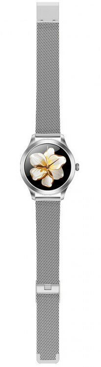 Srebrny smartwatch z kwiatowym wyświetlaczem na białym tle.