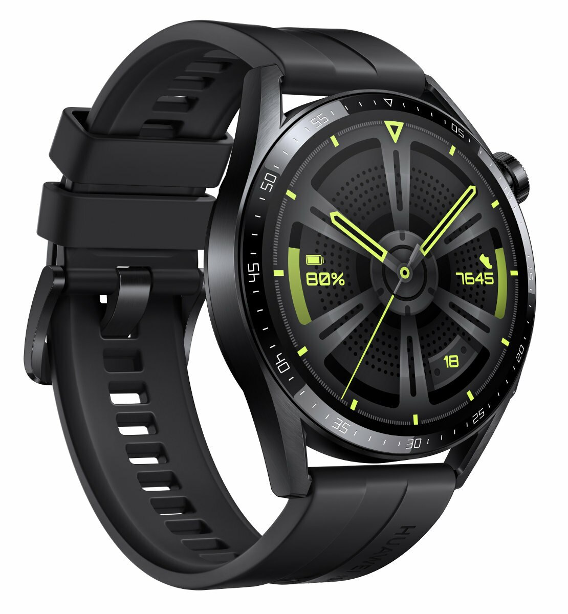 Czarny smartwatch z okrągłą tarczą. Wyświetla godzinę, procenty i dane tętna. Czarny pasek.