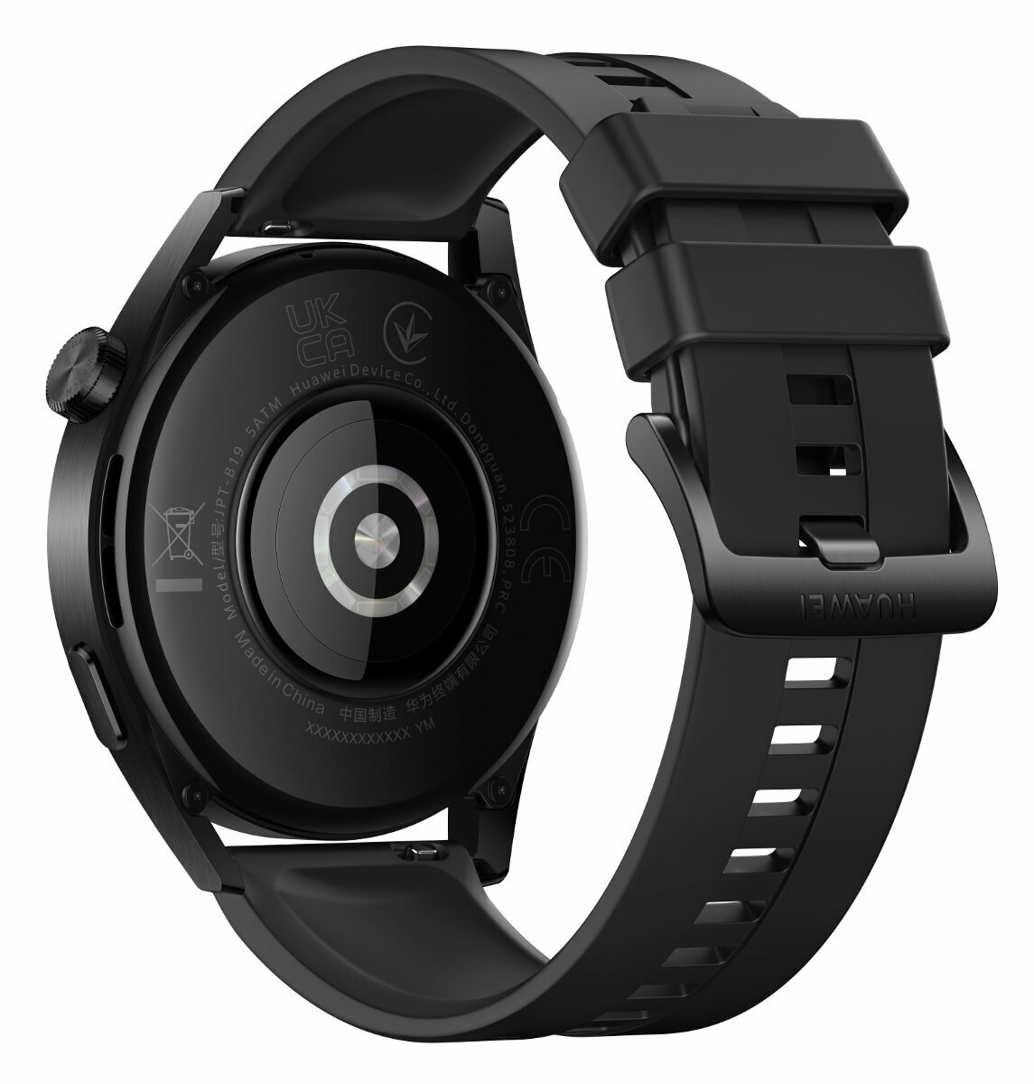 Tył czarnego smartwatcha. Pasek również jest czarny.