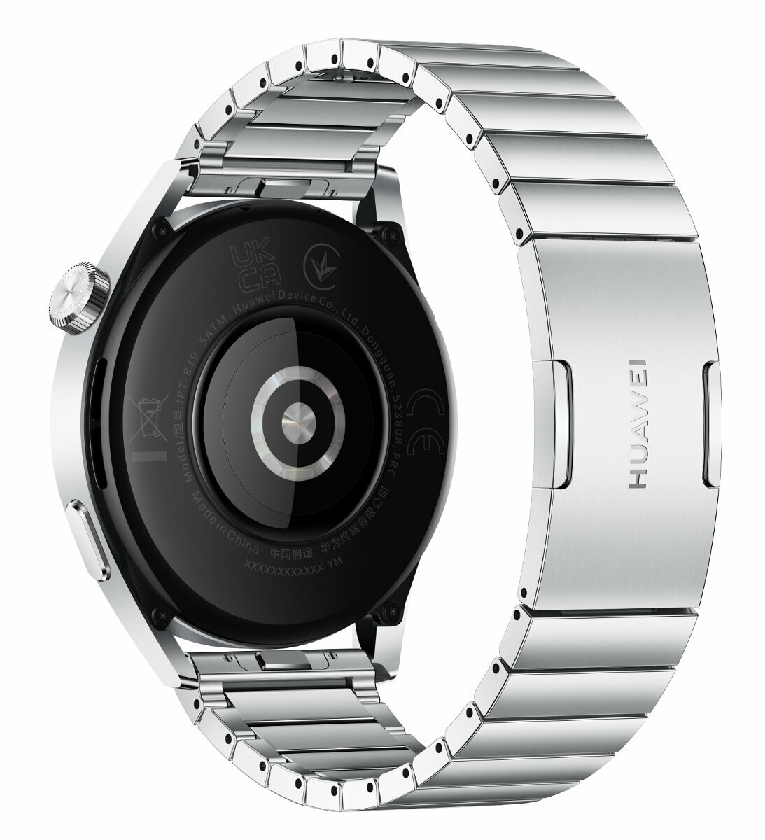 Tył srebrnego smartwatcha z metalową bransoletą i logo Huawei.