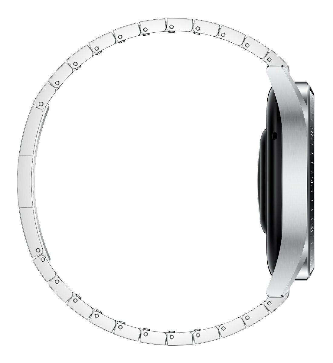 Srebrna bransoleta smartwatch z czarną kopertą i ramką, na białym tle.