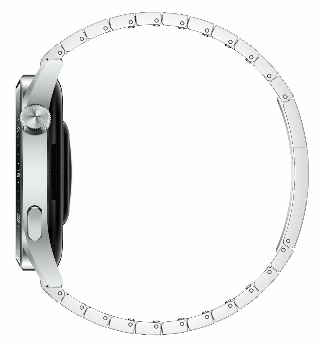 Srebrny smartwatch z metalową bransoletą, widok z boku.