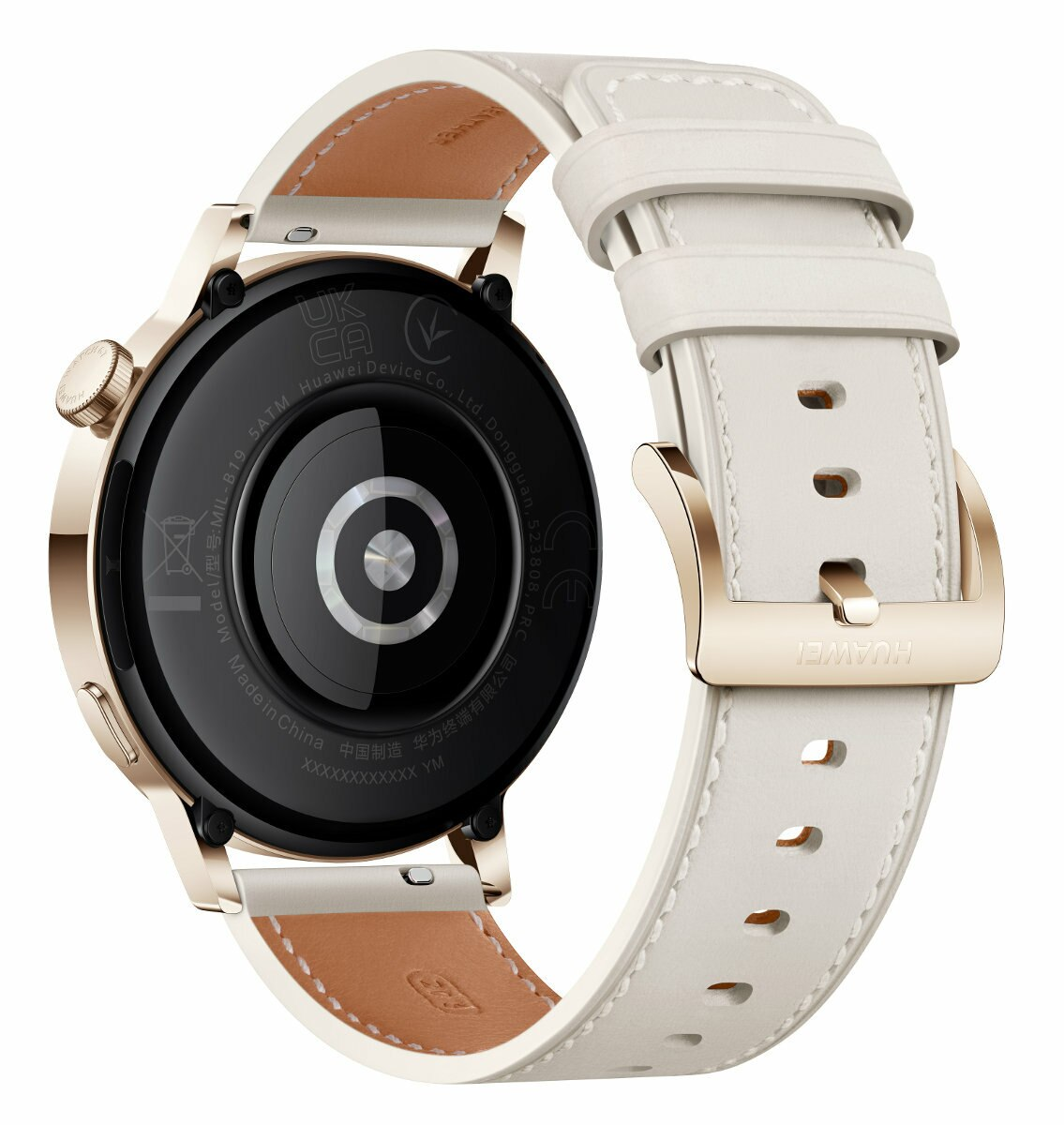 Zegarek smartwatch, widok z tyłu, z białym skórzanym paskiem i złotą klamrą.
