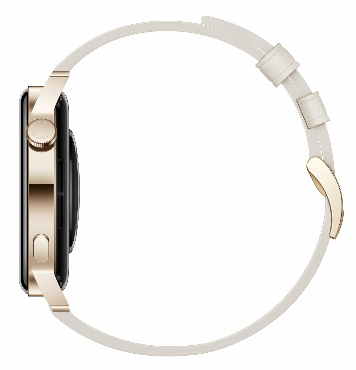 Złoty smartwatch z białym paskiem, widok z profilu na białym tle.