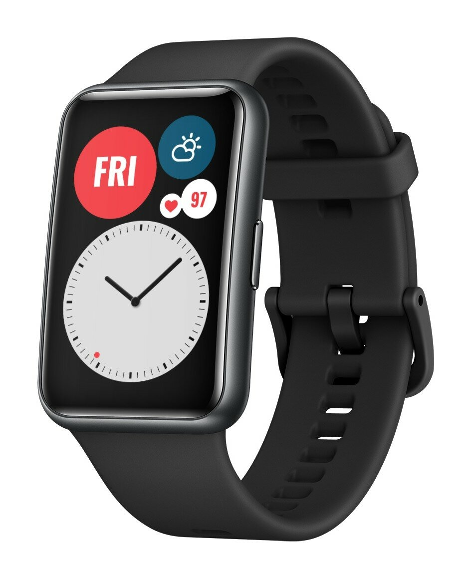 Czarny smartwatch pokazujący piątek, ikonę pogody, tętno 97 i tarczę zegara analogowego.