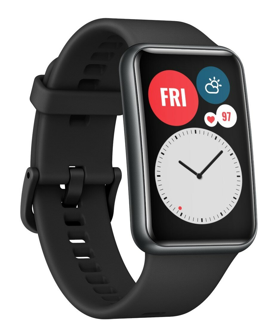 Czarny smartwatch z prostokątnym wyświetlaczem pokazującym dzień FRI.