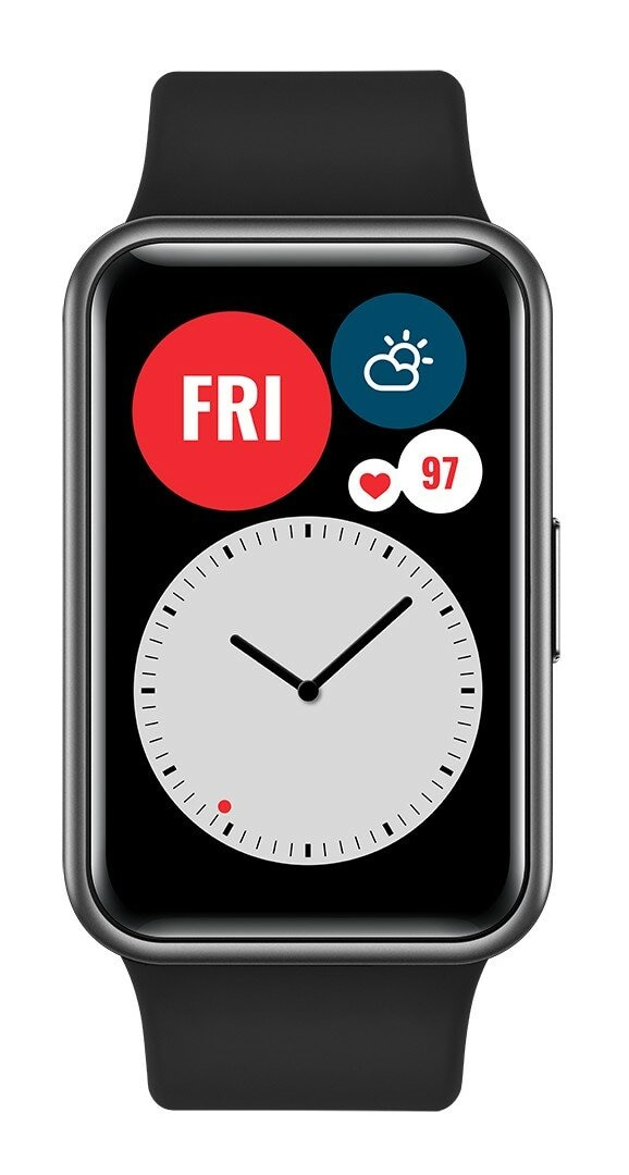 Czarny smartwatch z cyfrowym wyświetlaczem: FRI, pogoda, tętno 97, zegar analogowy.