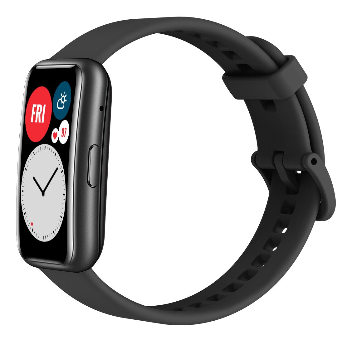 Czarny smartwatch z prostokątnym ekranem wyświetlającym godzinę, datę i pogodę.
